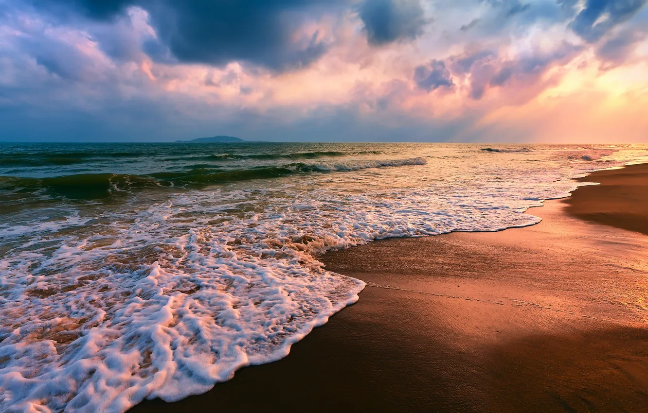 Photo wallpaper sea, wave, beach, sunset, Landscape