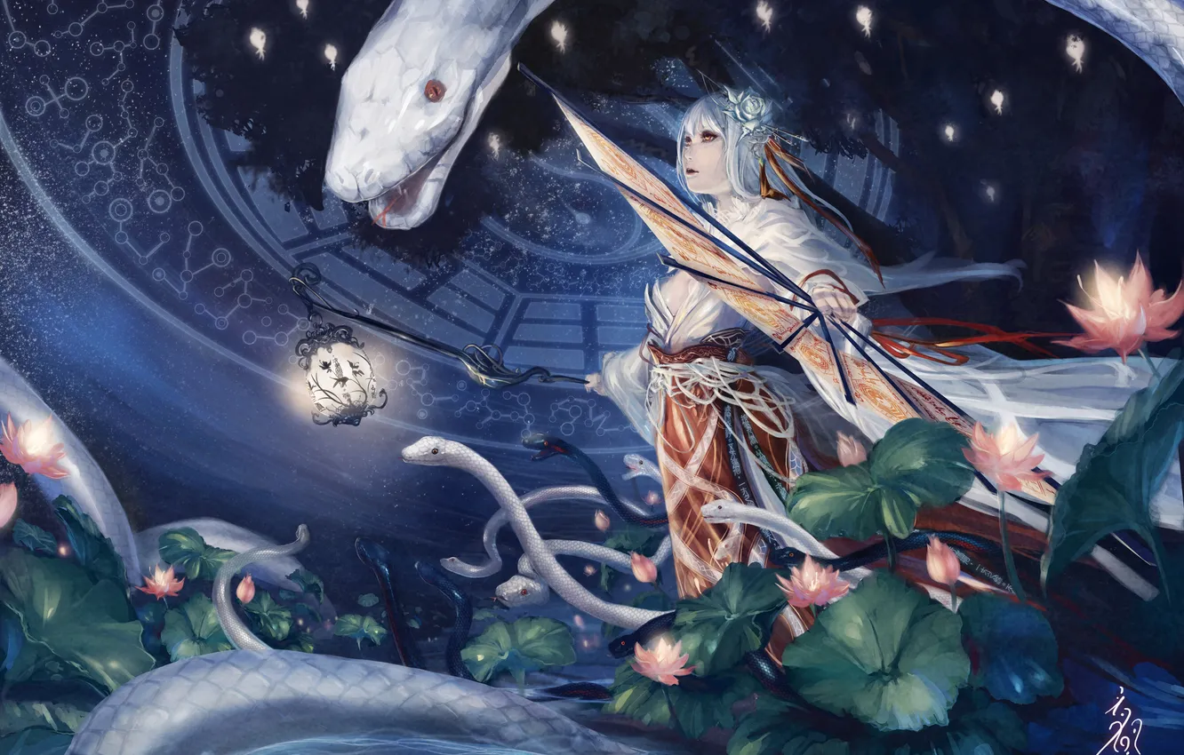 Photo wallpaper girl, pond, magic, snake, fan, art, lights, touhou