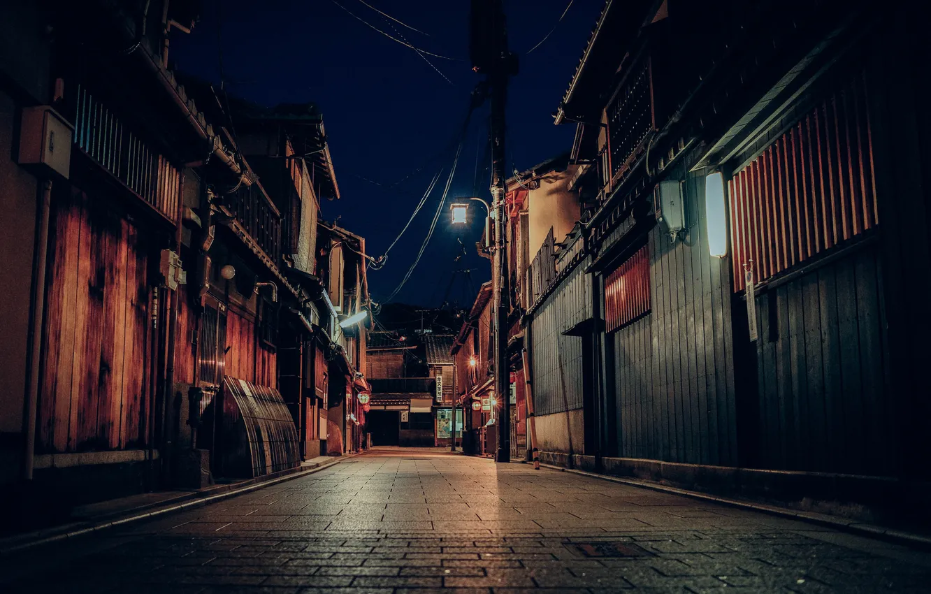 Photo wallpaper street, Japan, Kyoto, stores, night, lamppost