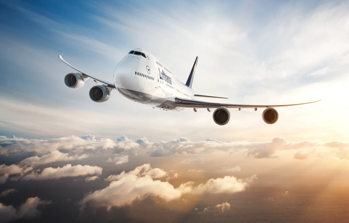 Photo wallpaper Clouds, The plane, Liner, Flight, Board, Wings, Boeing, Engines