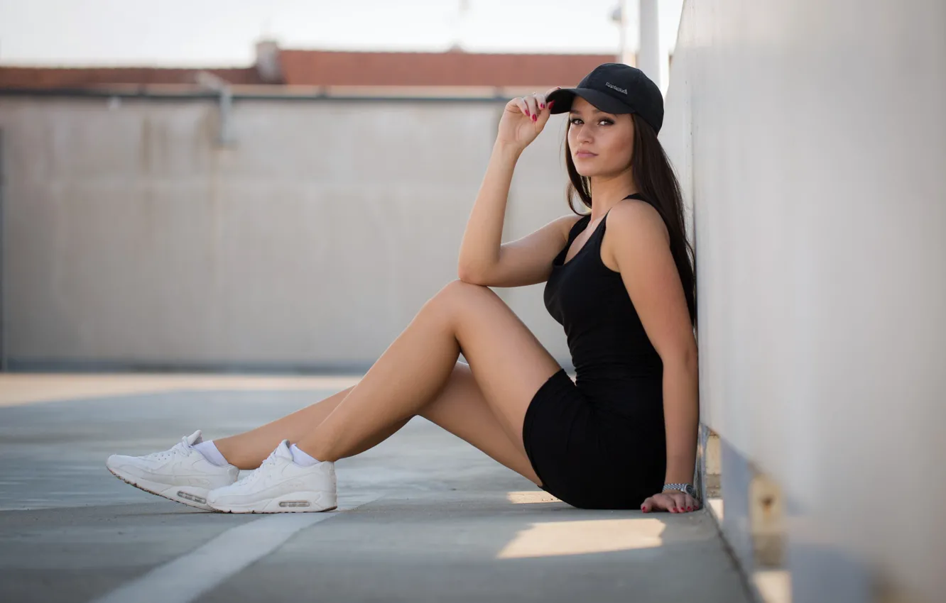 Photo wallpaper look, girl, model, dress, brunette, cap, sneakers, Oksana