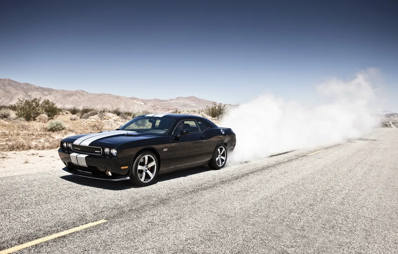 Photo wallpaper mountains, black, desert, smoke, Dodge, SRT8, Challenger, black