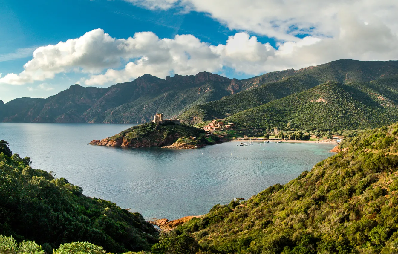 Photo wallpaper sea, clouds, mountains, coast, France, Bay, Corsica
