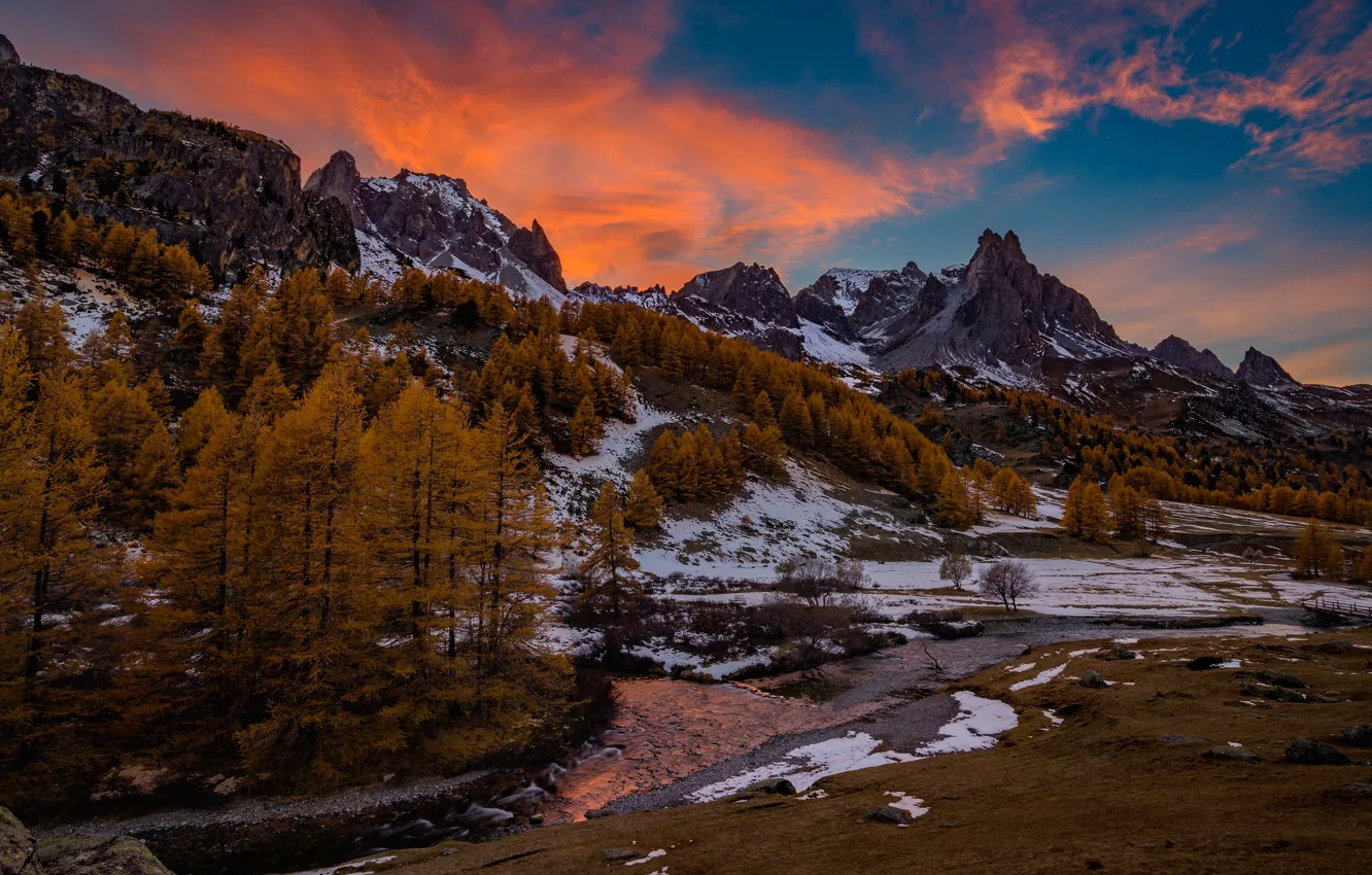 Photo wallpaper autumn, snow, trees, mountains, river, France, Alps