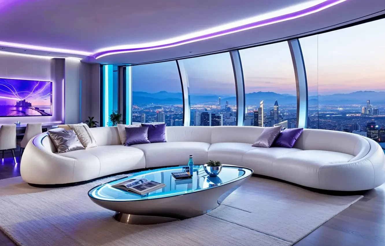 Photo wallpaper design, style, interior, lighting, living room, dining room, futuristic, Stunning AI Interior Design Styles