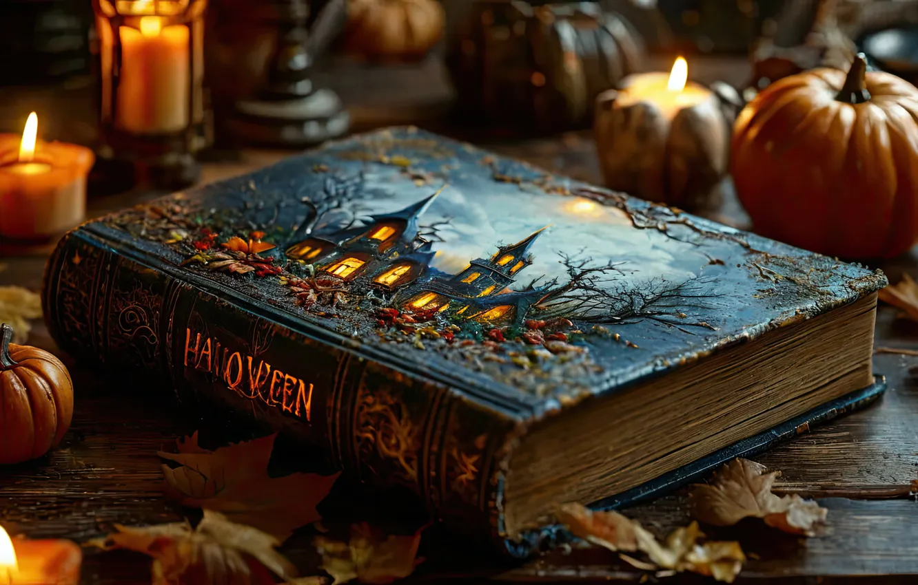 Photo wallpaper Halloween, book, cover, autumn, candles, pumpkin, lights, castle