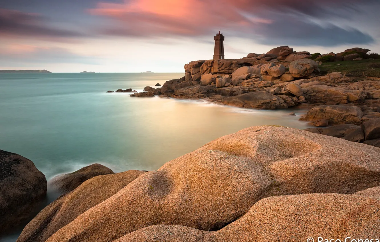 Photo wallpaper sea, stones, dawn, shore, lighthouse