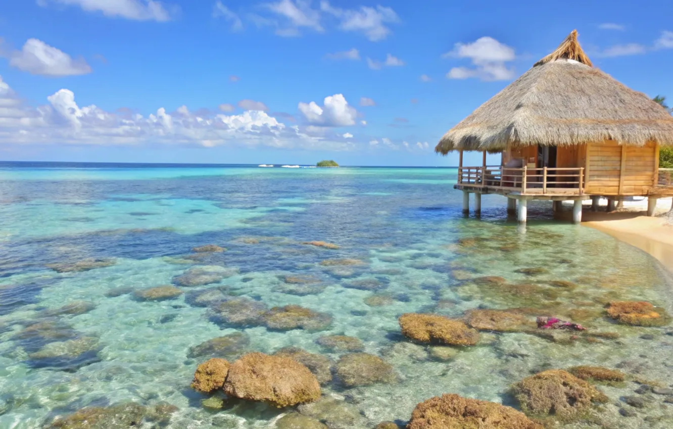 Photo wallpaper sea, beach, summer, the sky, palm trees, vacation, summer, hut