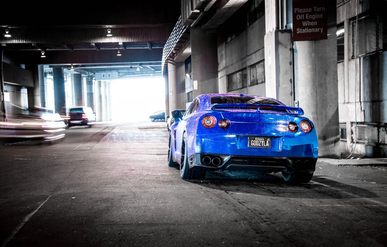 Photo wallpaper blue, shadow, blur, nissan, cars, Nissan, blue, gt-r