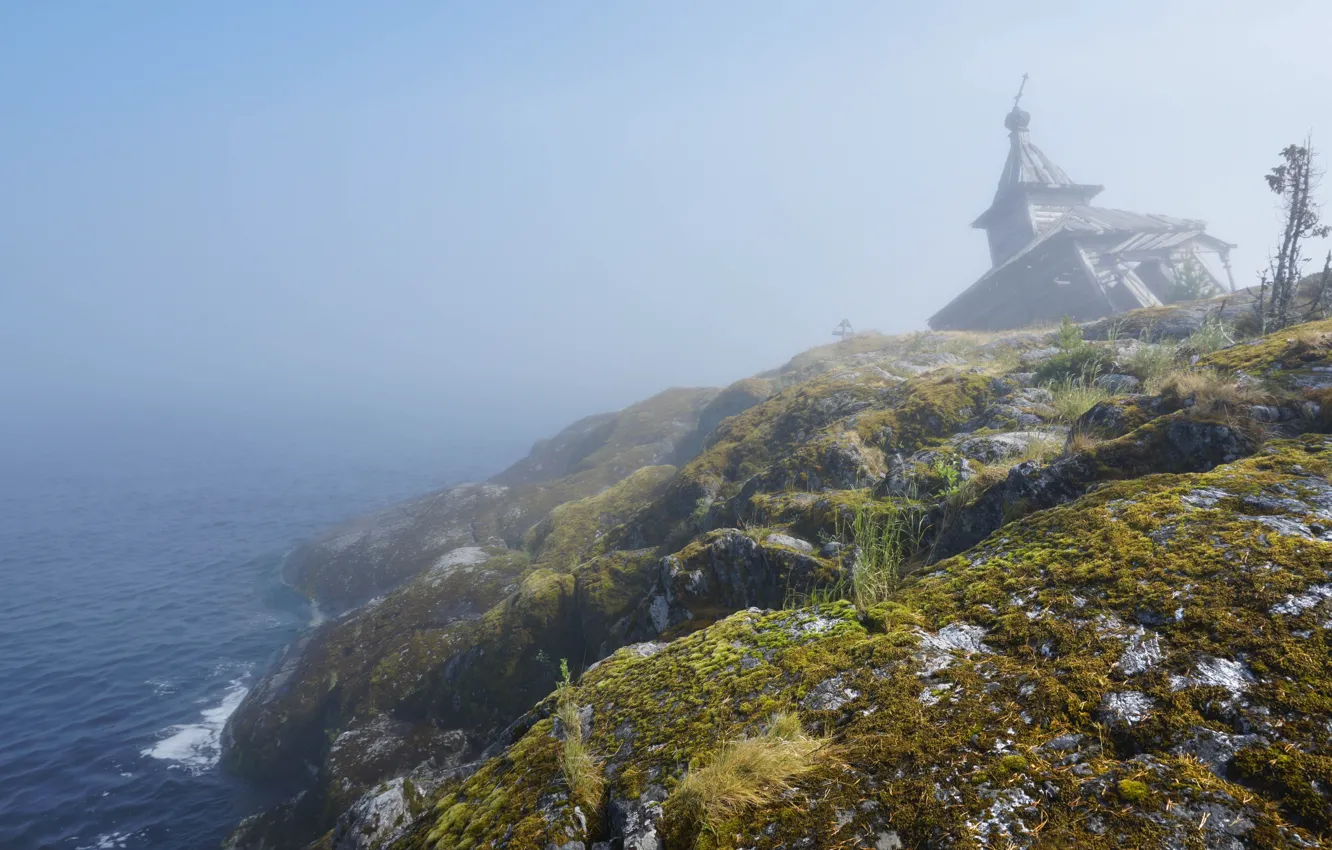 Photo wallpaper sea, greens, fog, stones, open, moss, construction, haze