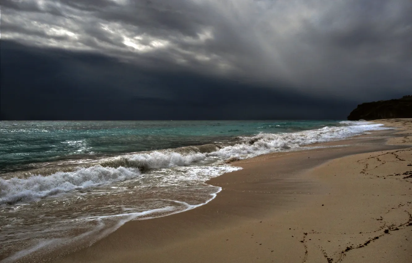 Photo wallpaper sand, wave, beach, the sky, clouds, storm, the ocean, horizon