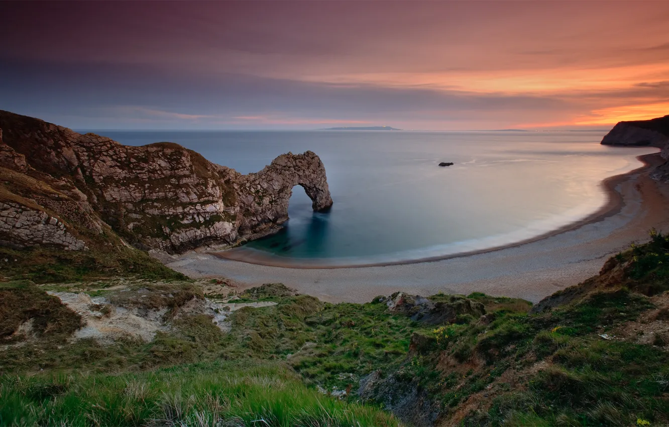 Photo wallpaper sea, the sky, water, sunset, rocks, England, Beach