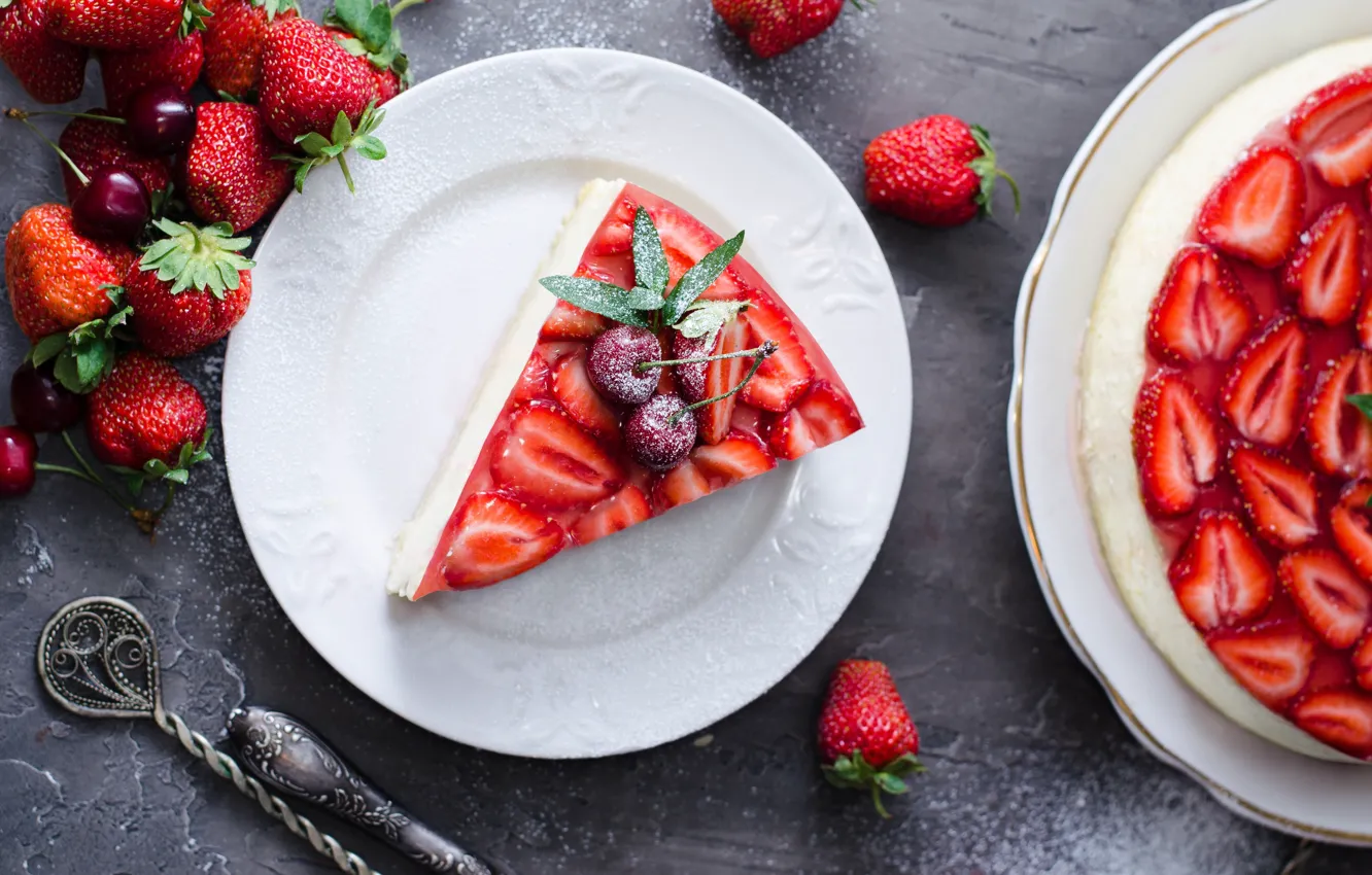 Photo wallpaper berries, strawberry, plate, pie, dessert, cherry, cheesecake, Renat Tugushev