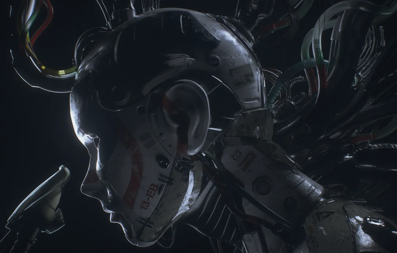 Photo wallpaper wire, robot, head, cable, cyberpunk, Android, Cyberpunk