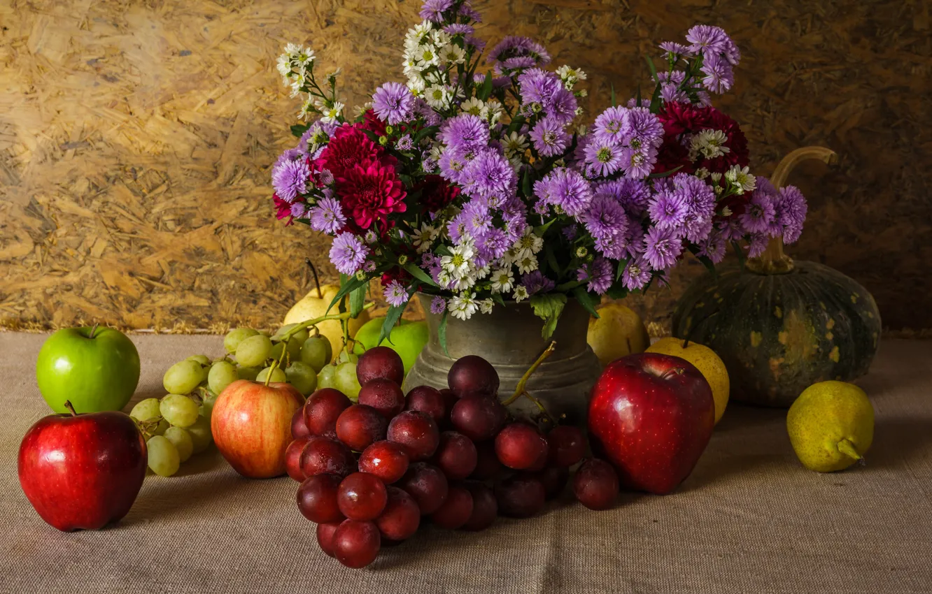 Photo wallpaper flowers, apples, bouquet, grapes, pumpkin, fruit, still life, vegetables