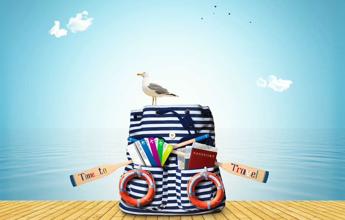 Photo wallpaper sea, card, the sky, clouds, birds, vacation, Seagull, pier