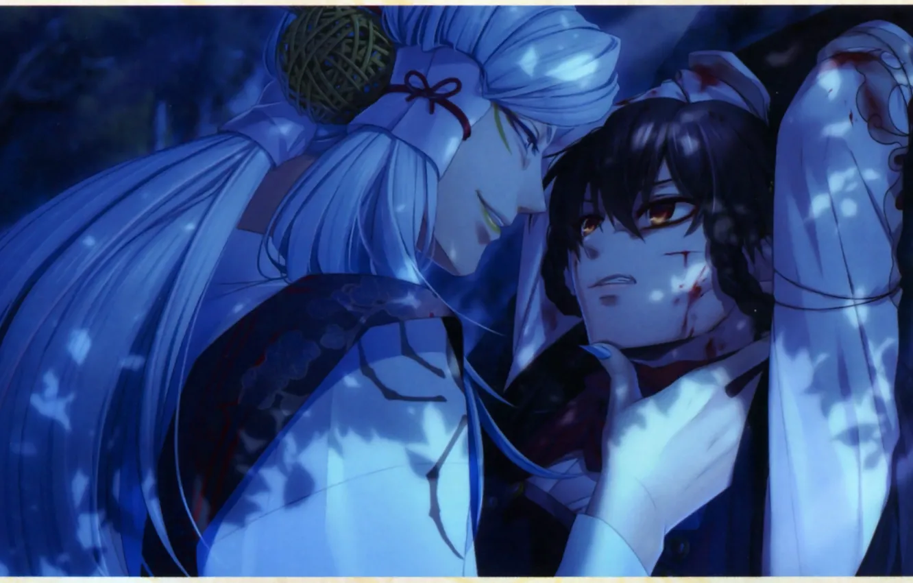 Photo wallpaper night, fright, blood, hands, hairstyle, two, white hair, grin