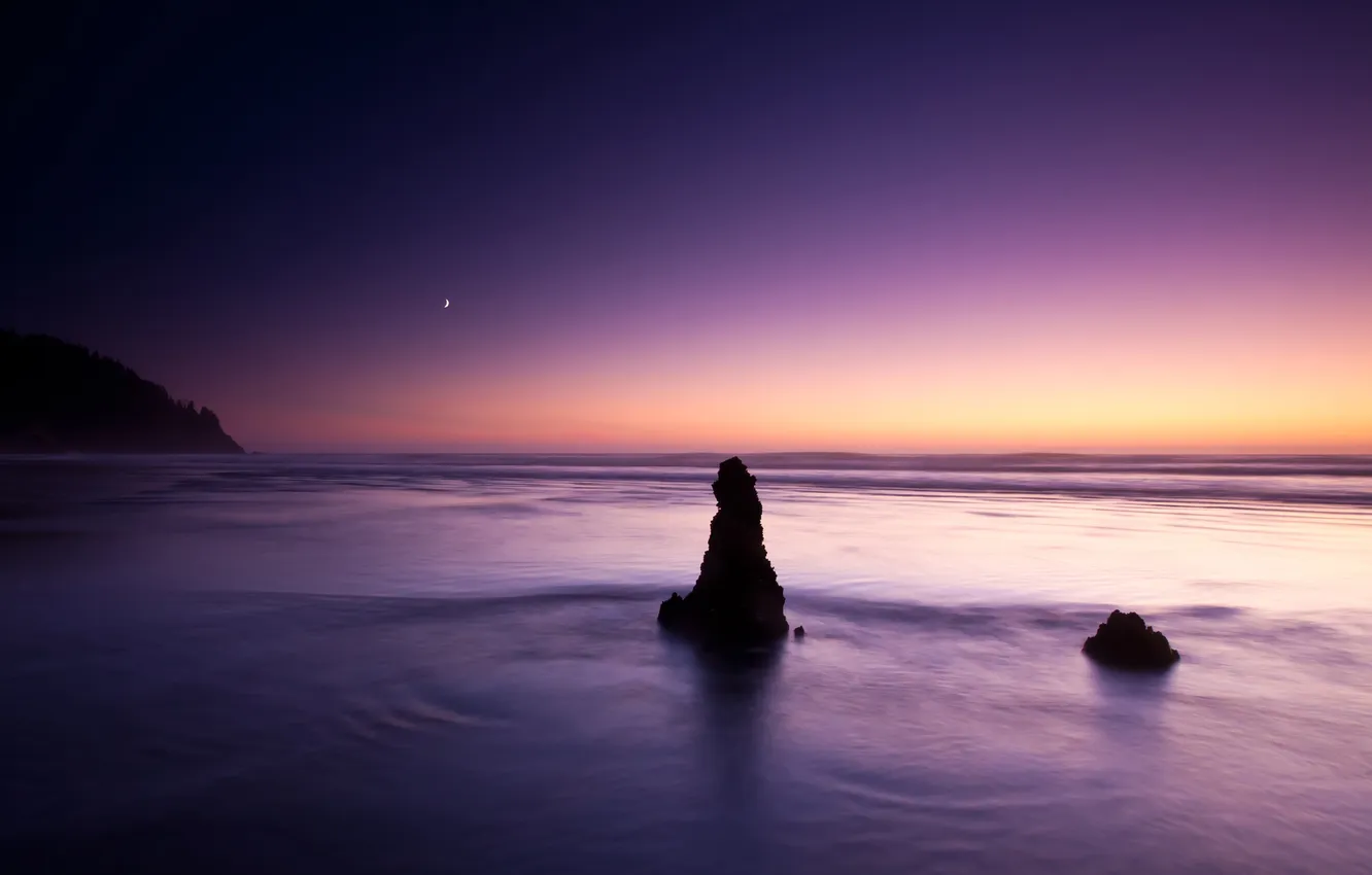 Photo wallpaper beach, the sky, sunset, night, stones, the moon, the evening