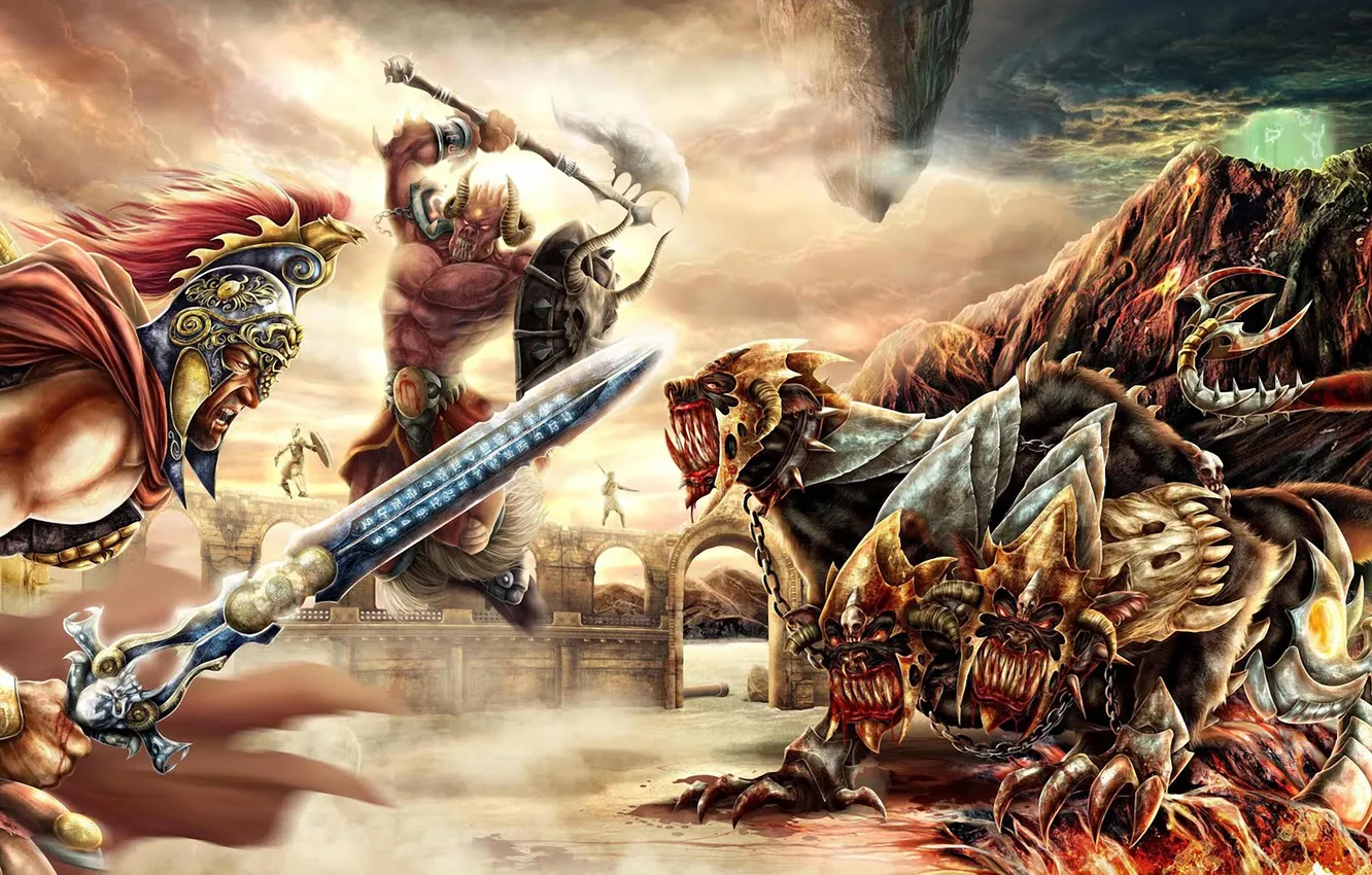 Photo wallpaper jump, monster, sword, armor, warrior, chain, claws, fangs