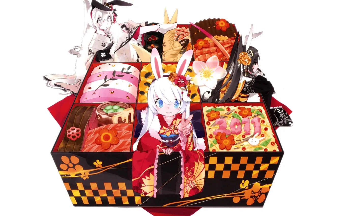 Photo wallpaper box, kimono, blue eyes, ears, lunch, snacks, Bento, ben-to