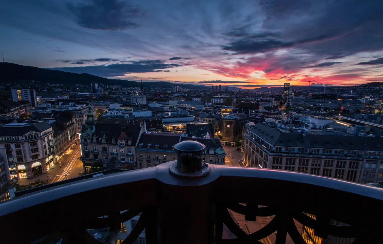 Photo wallpaper sunset, lights, the evening, twilight, Zurich, the view from the balcony