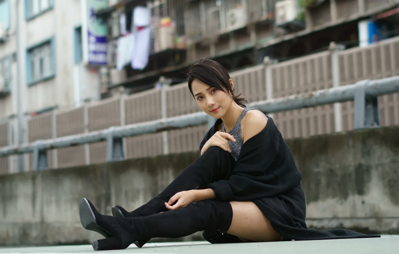 Photo wallpaper look, girl, legs, Asian, boots, sitting
