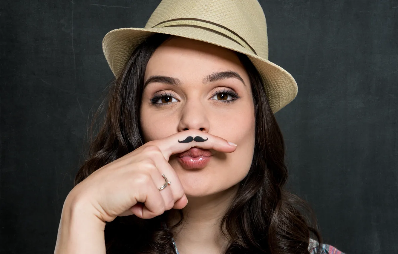 Photo wallpaper mustache, girl, hat, brunette, finger