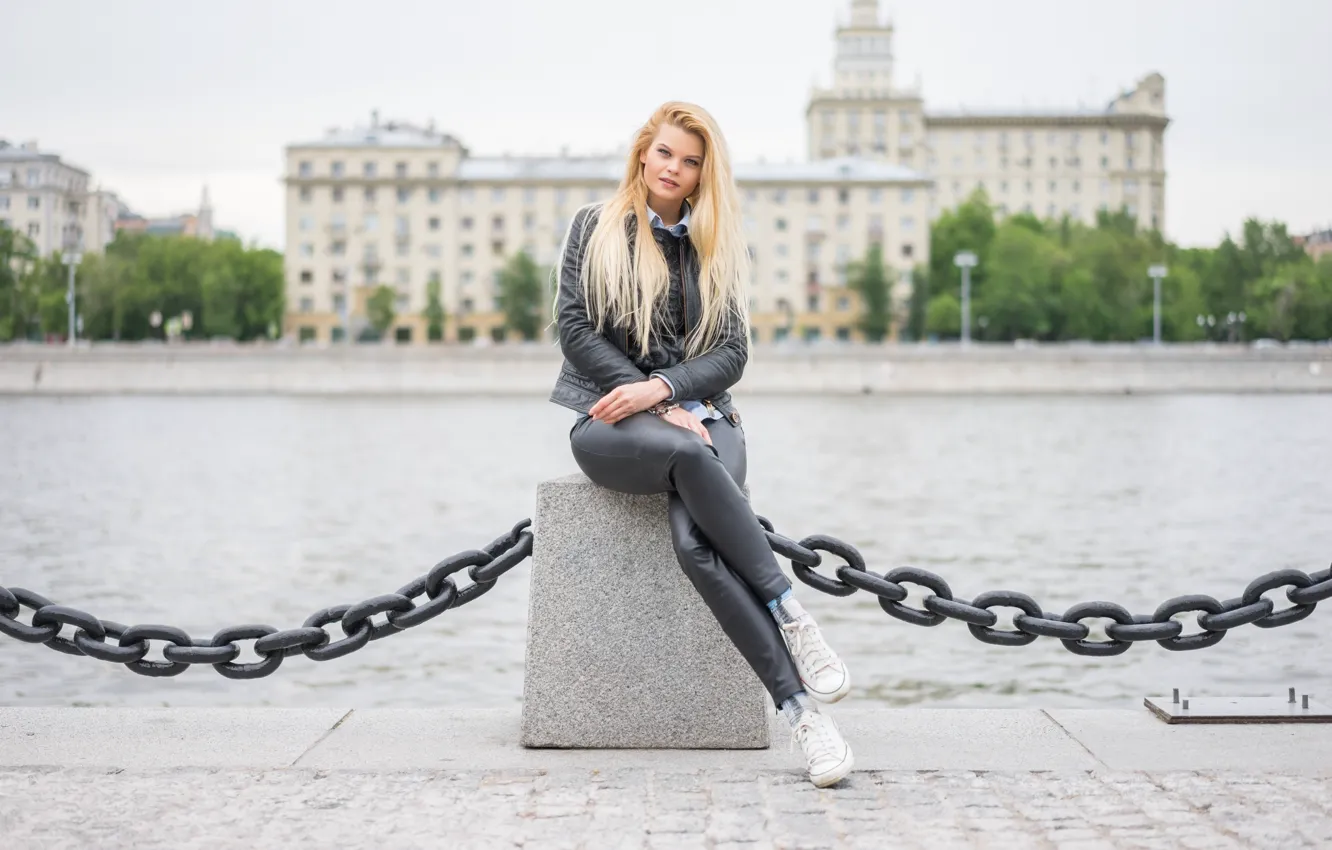 Photo wallpaper face, the city, style, river, model, hair, jacket, blonde