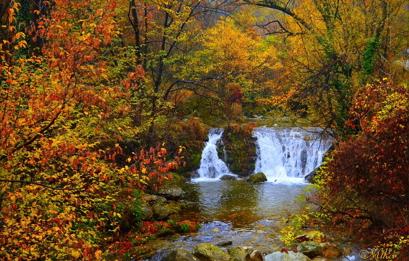 Photo wallpaper autumn, river, waterfall, river, autumn, waterfall, fall