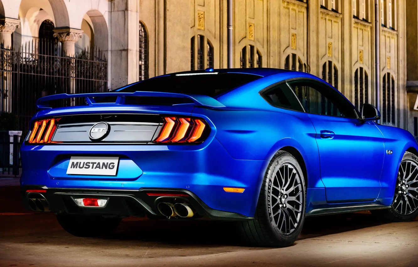 Photo wallpaper blue, Ford, rear view, Fastback, 2018, Mustang GT