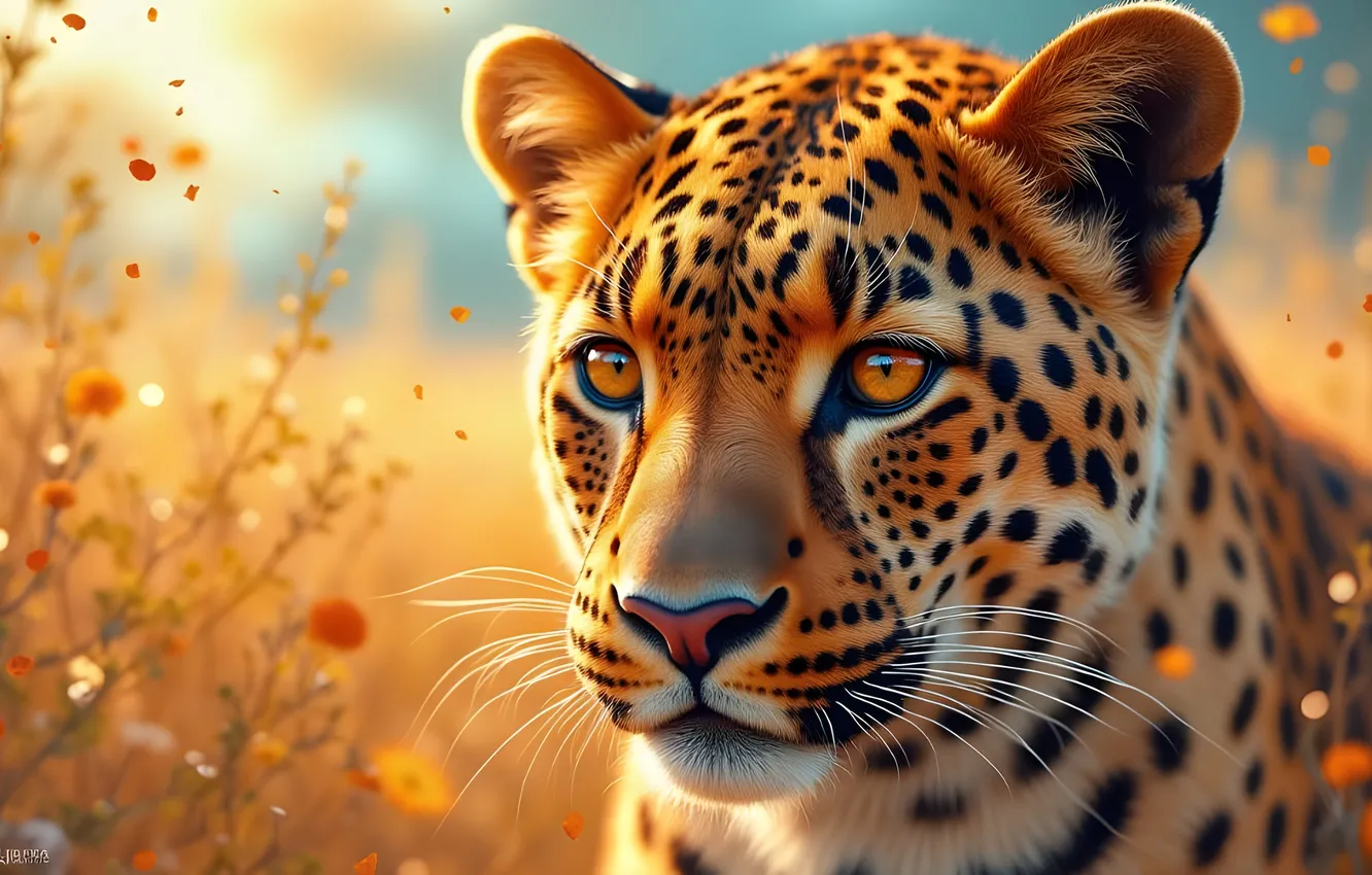 Photo wallpaper look, face, light, nature, portrait, leopard, flowers, AI art