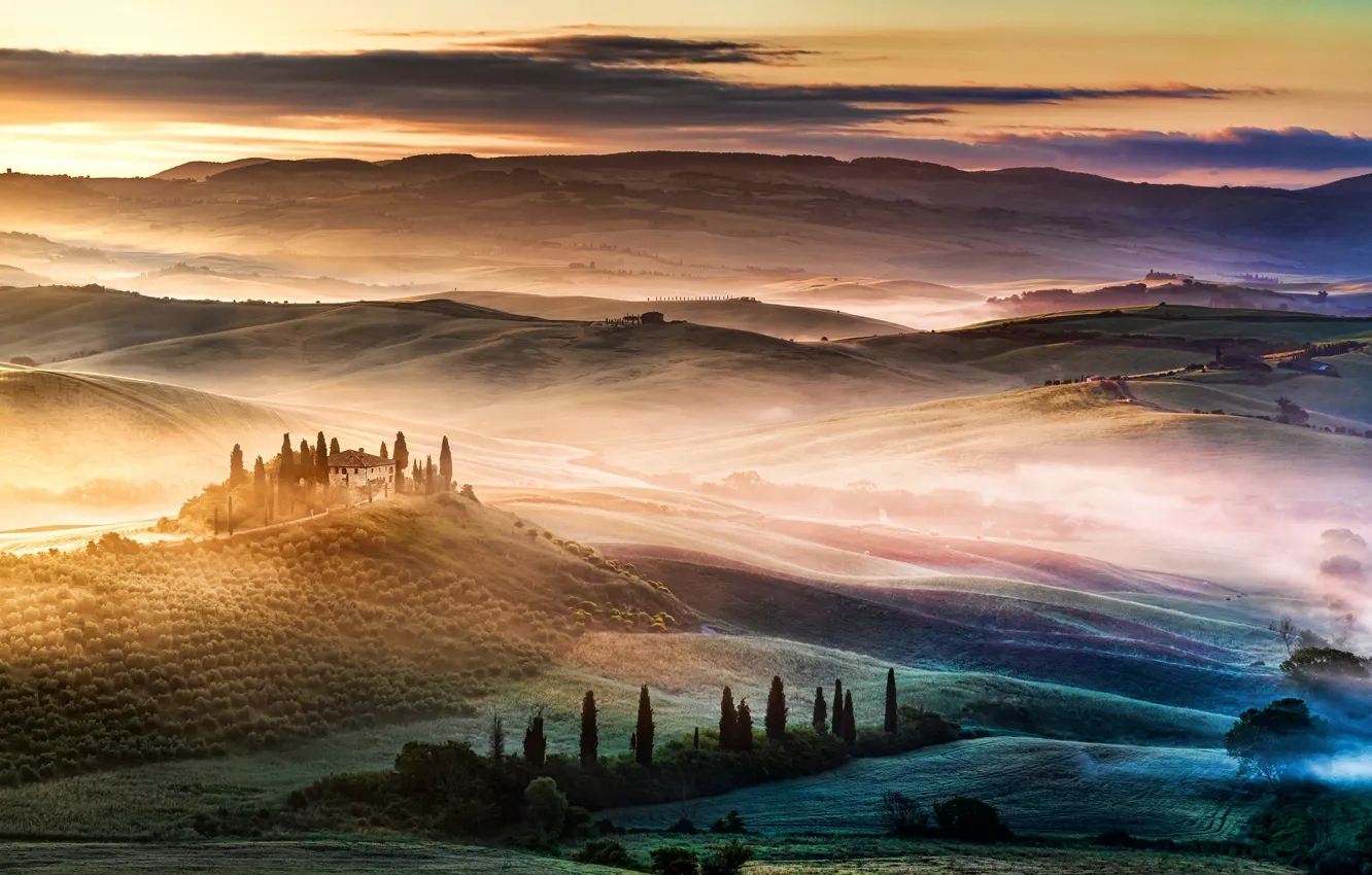 Photo wallpaper fog, hills, field, Italy, Tuscany