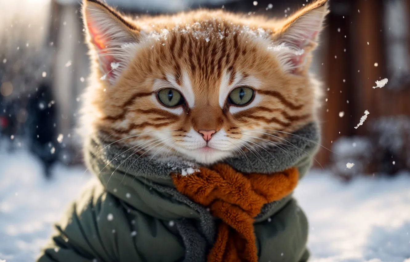 Photo wallpaper winter, cat, look, snow, pose, sweetheart, street, portrait