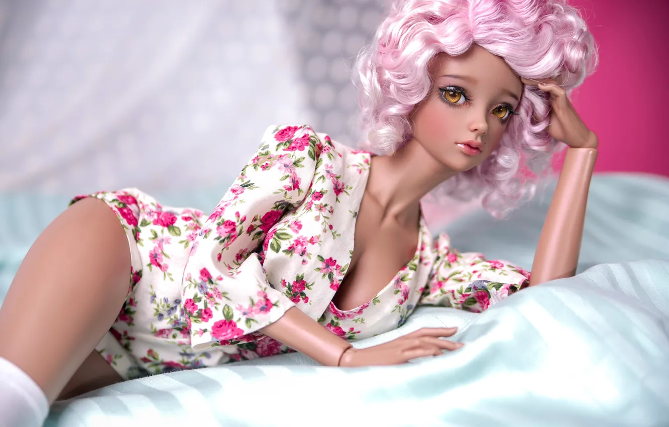 Photo wallpaper girl, bed, doll, bed