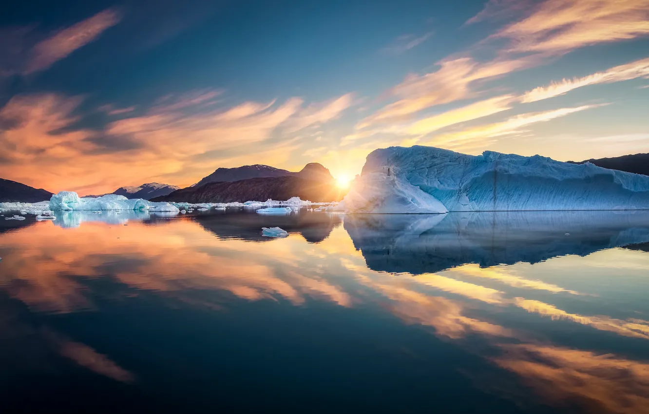 Photo wallpaper ice, the sky, the sun, clouds, sunset, reflection, glacier, iceberg