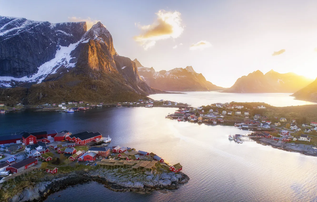 Photo wallpaper the sky, the sun, clouds, light, mountains, fog, rocks, dawn