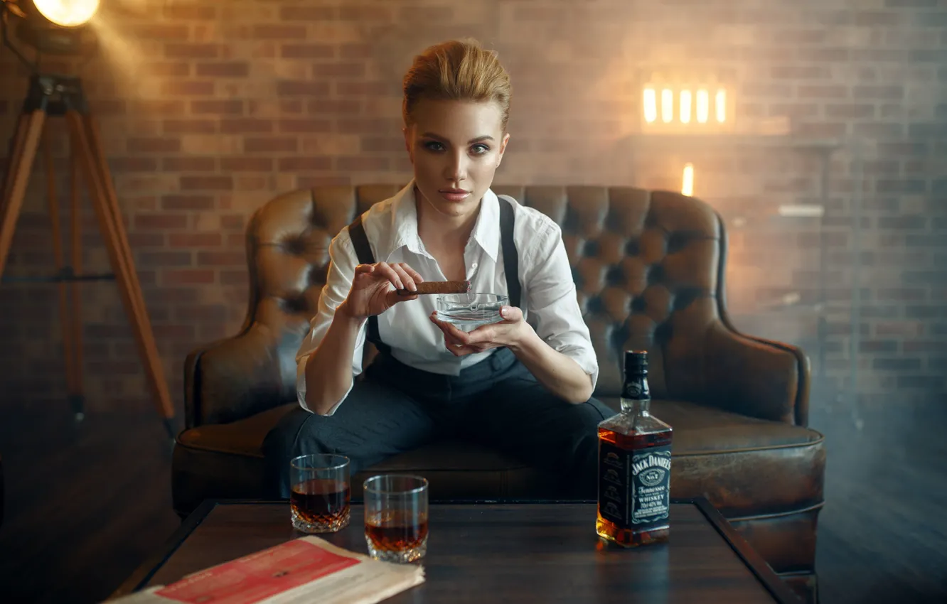 Photo wallpaper look, girl, glass, pose, sofa, bottle, hands, cigar