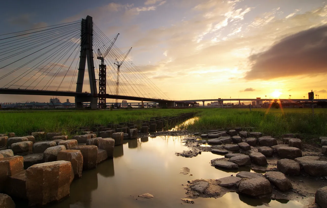 Photo wallpaper water, sunset, bridge, stones, construction