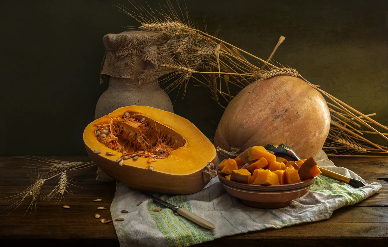 Photo wallpaper table, cubes, rye, towel, spikelets, knife, pumpkin, ears