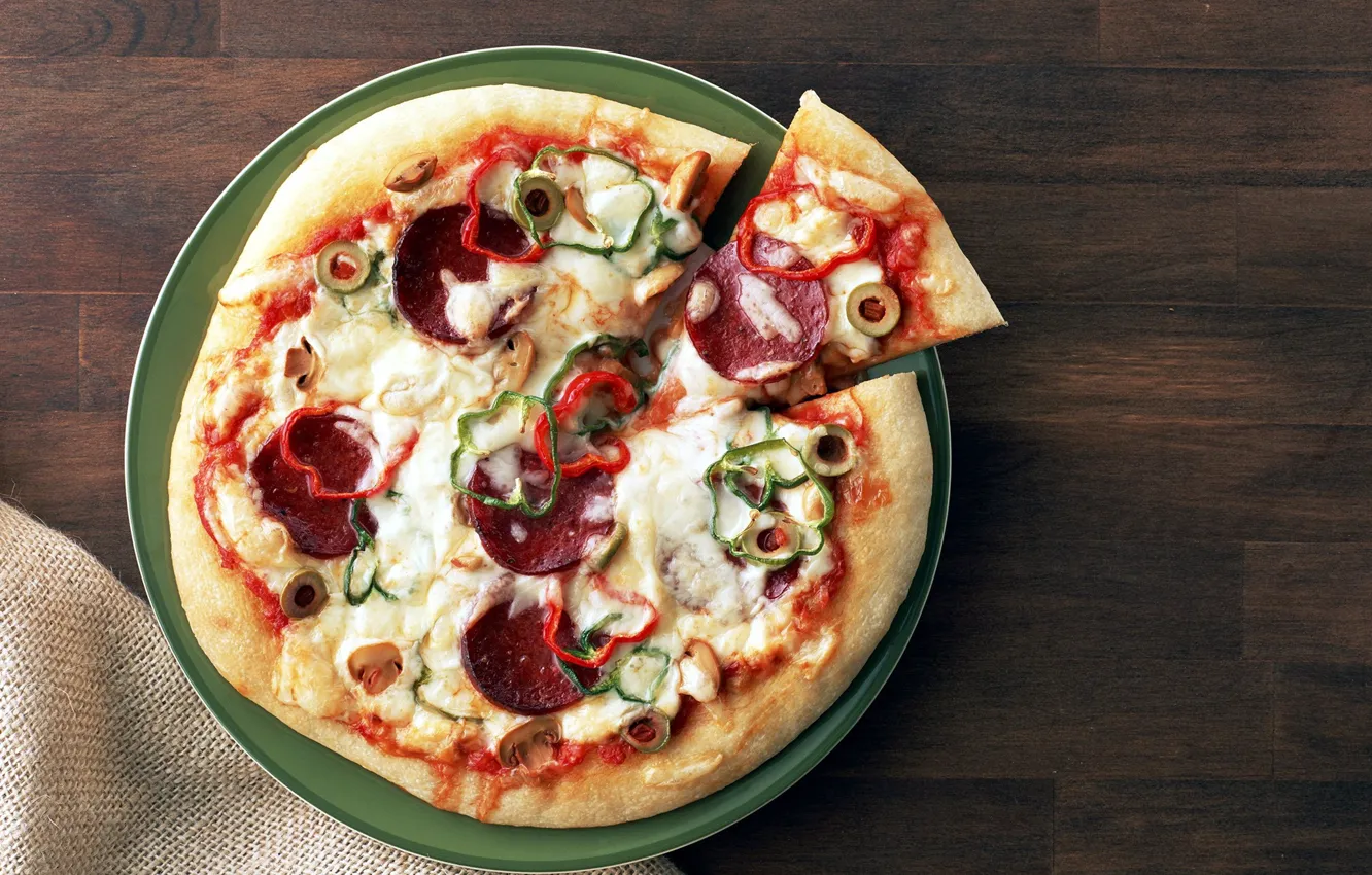 Photo wallpaper cheese, pizza, tomatoes, sausage