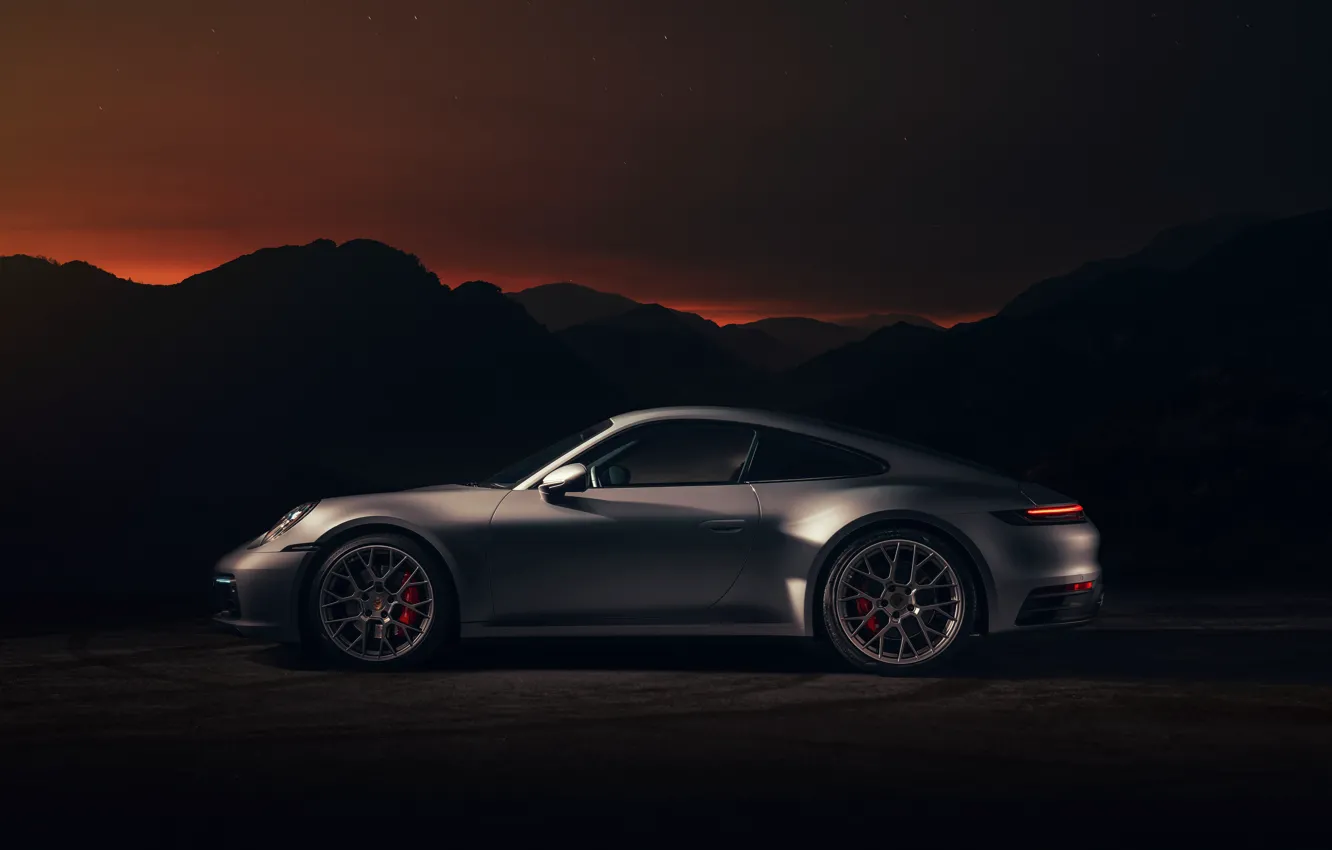 Photo wallpaper coupe, 911, Porsche, Carrera 4S, 992, 2019, the silhouettes of the mountains