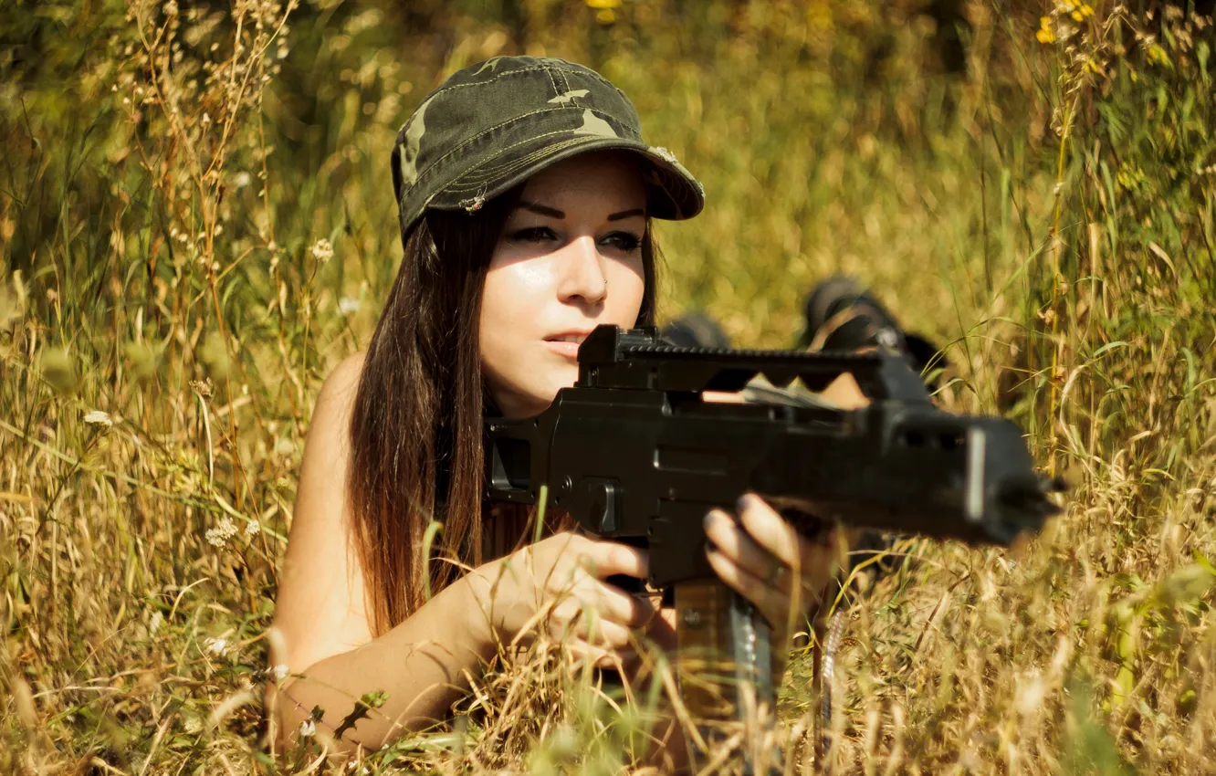 Photo wallpaper grass, girl, face, weapons, hair, blur, assault, Automatic rifle