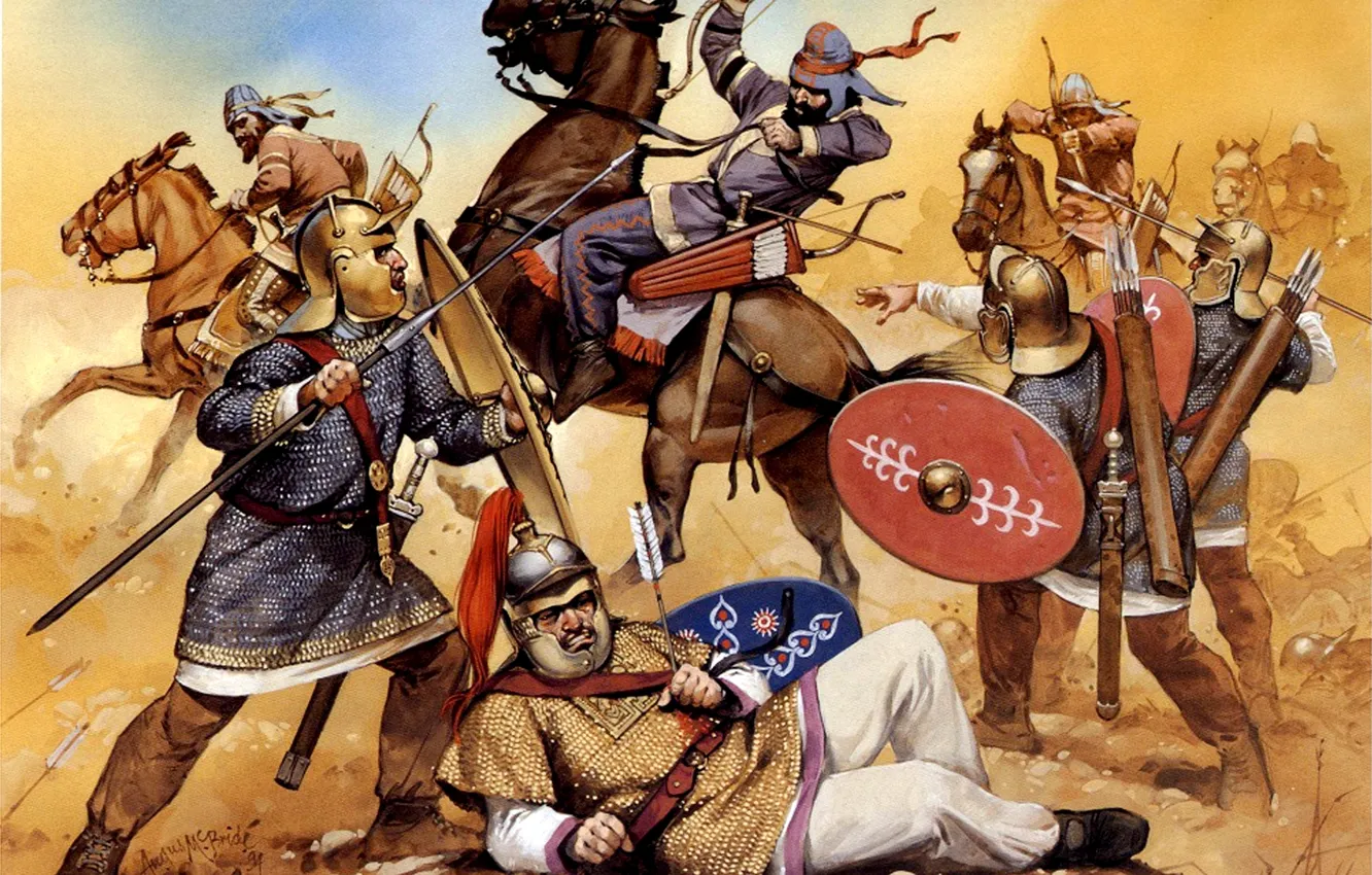 Photo wallpaper art, battle, shields, Darts, hats, archers, Luke, calculi