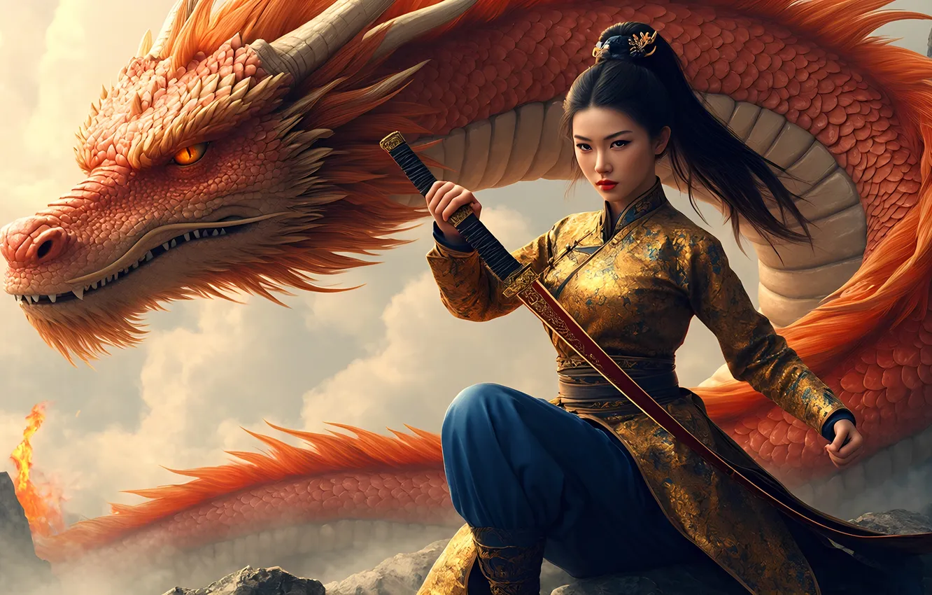 Photo wallpaper girl, sword, Chinese, Asian, blue dress, The dragon is red