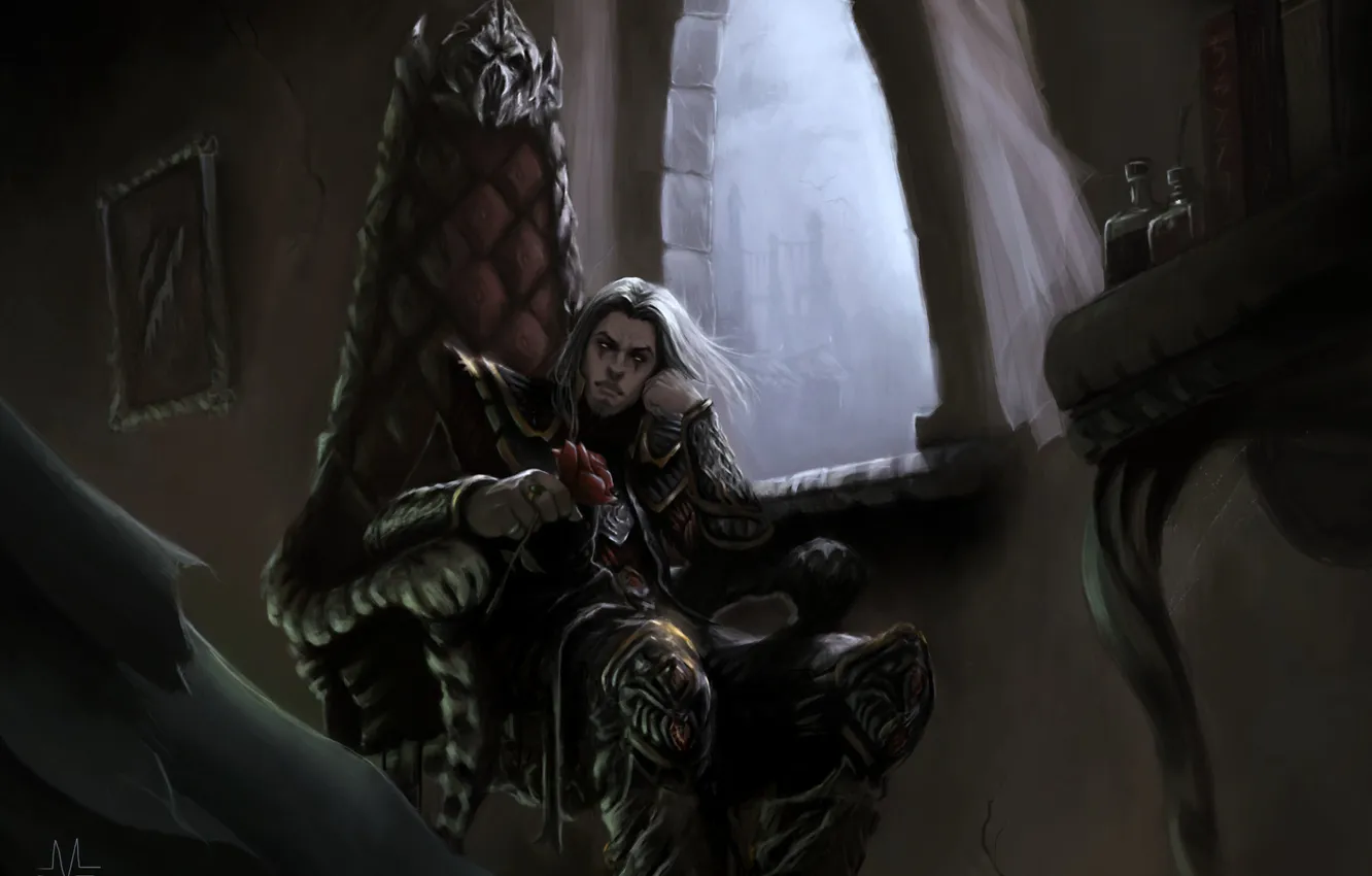 Photo wallpaper roses, chair, window, art, vampire, guy, the throne