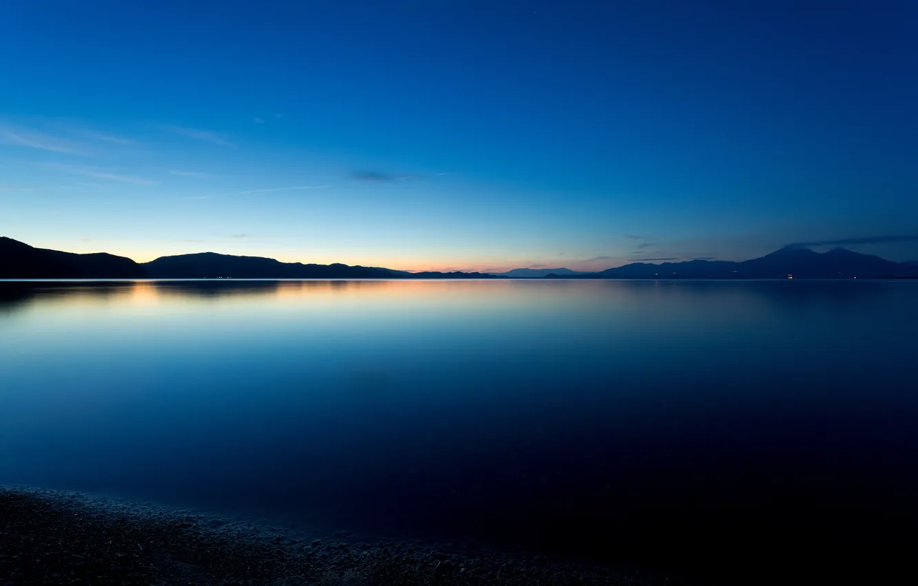 Photo wallpaper landscape, mountains, lake, dawn, twilight