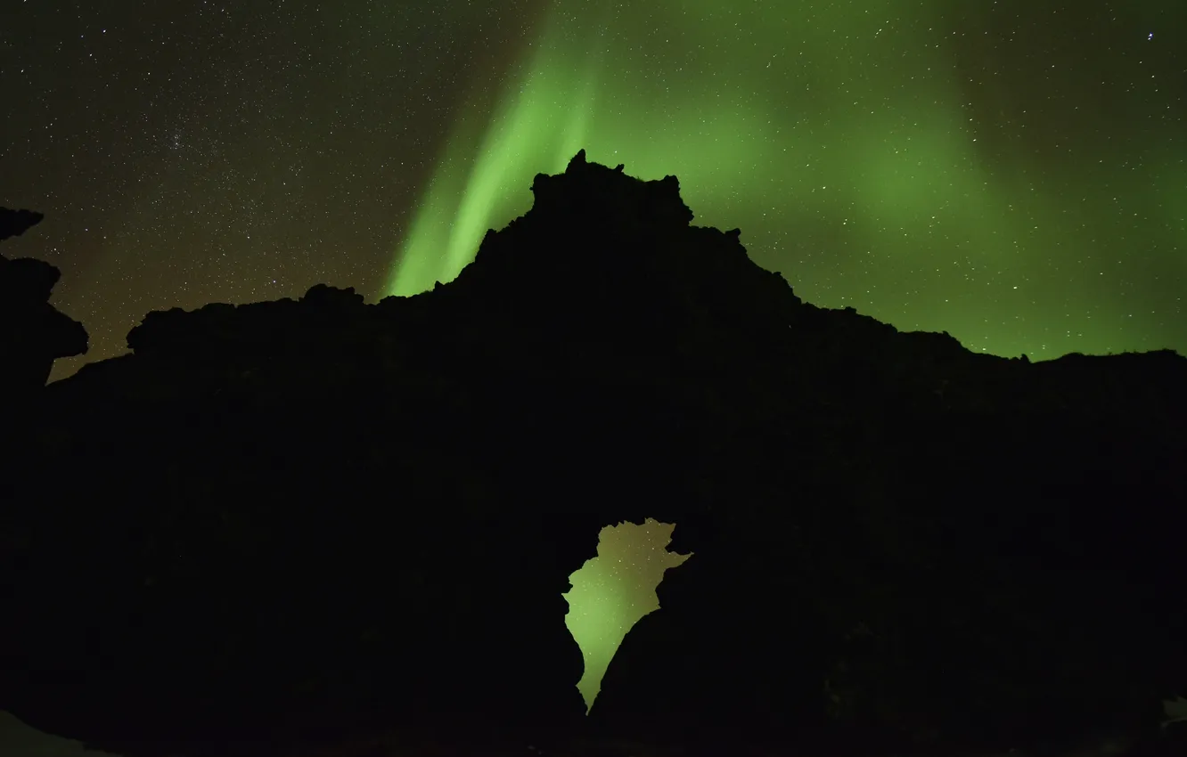 Photo wallpaper stars, night, stones, Northern lights, silhouette, Iceland