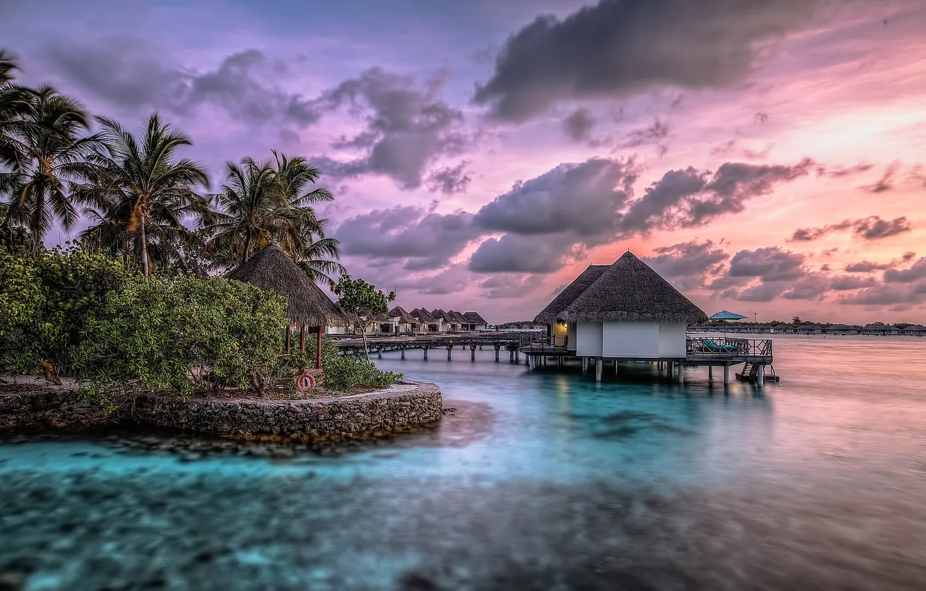 Photo wallpaper sea, landscape, sunset, home, Maldives