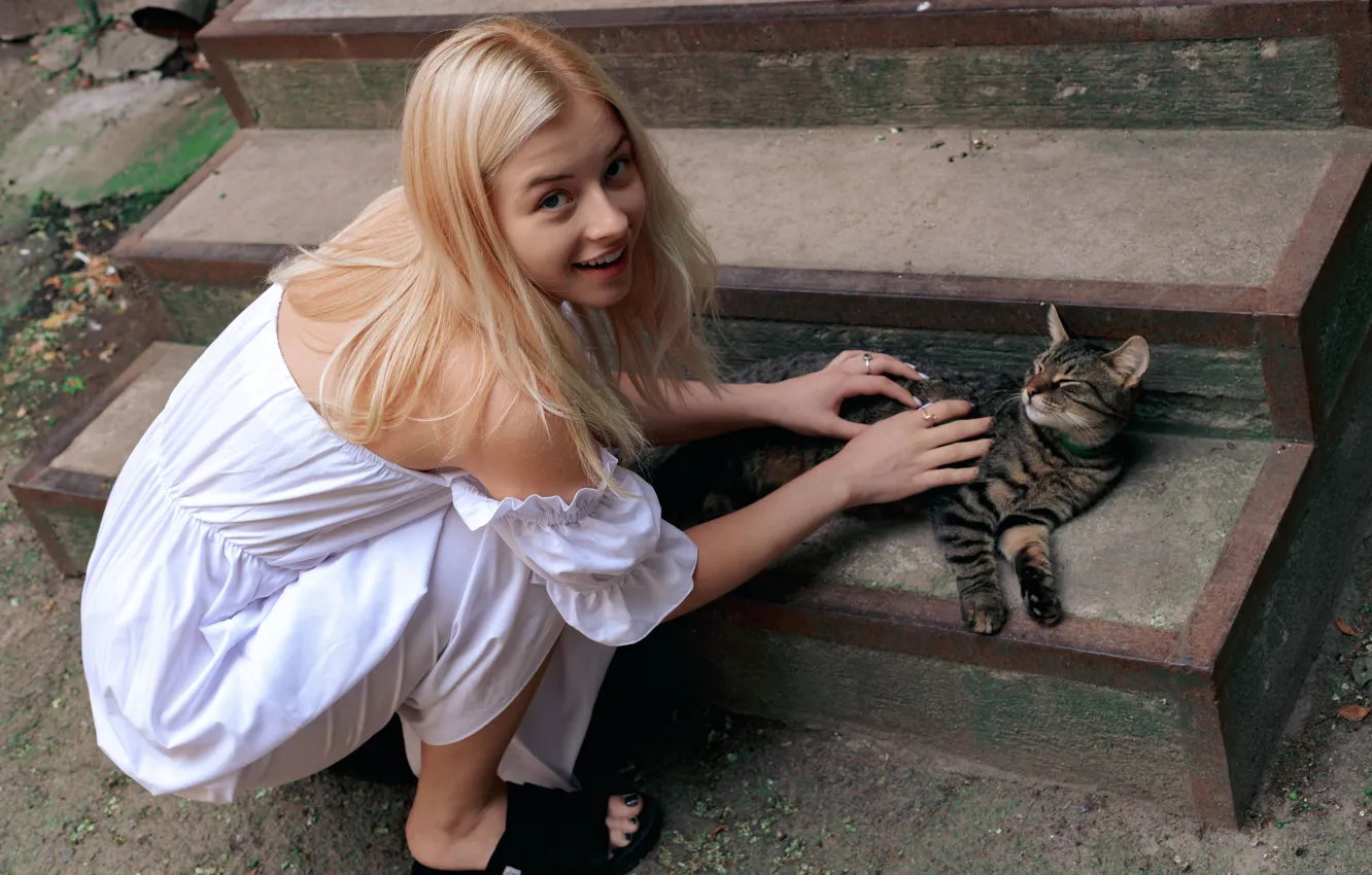 Photo wallpaper long hair, hot girl, pussy, cat, model, kitty, sexy woman, posing