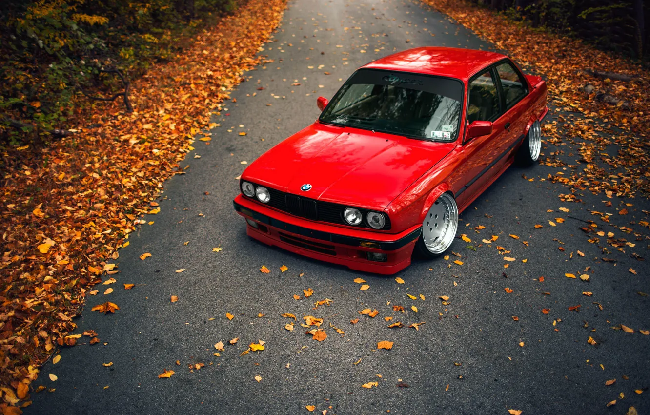 Photo wallpaper road, autumn, leaves, BMW, E30